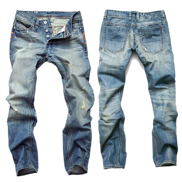 

hole distrressed mens casual jeans solid color skinny long pants four seasons fashion men clothing trousers, Blue