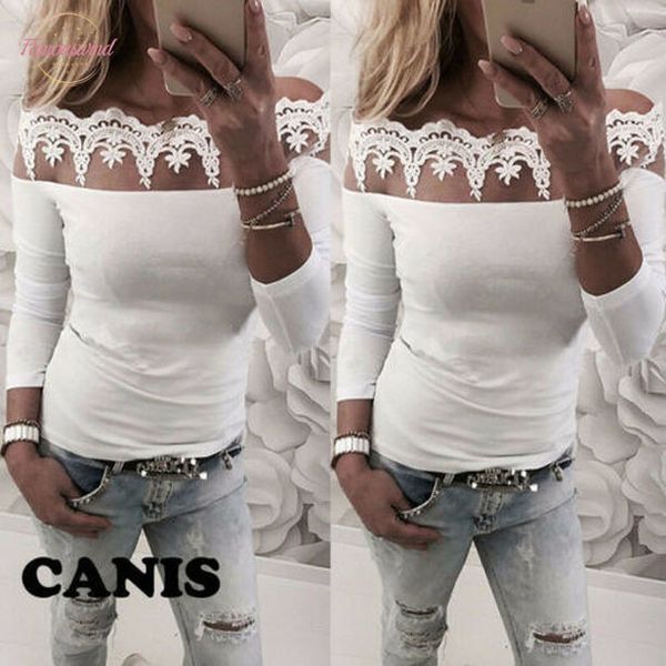 

2020 new fashion women off shoulder lace slash neck t shirt loose long sleeve off shoulder lace t shirt, White