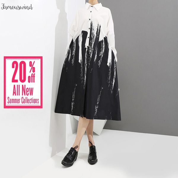 

2019 dress women summer painting style loose shirt long sleeve print female plus size party club midi white dresses 3400, Black;gray