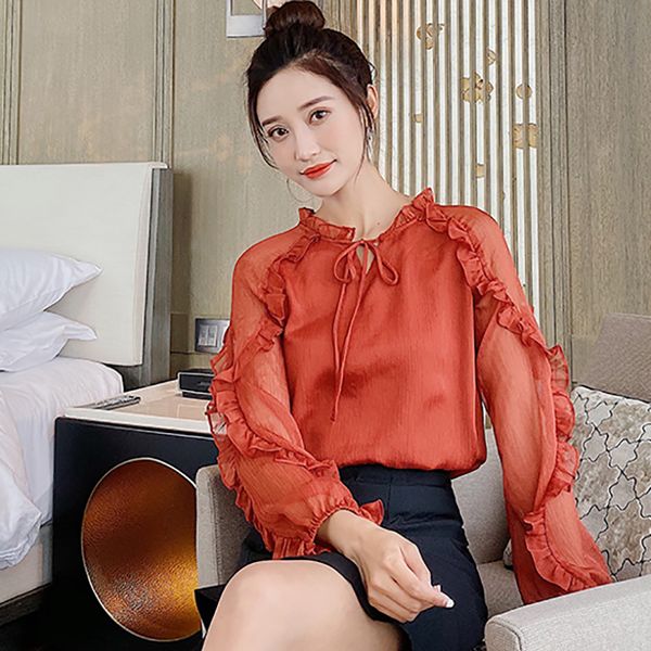 

shintimes new ruffles puff sleeve long shirt women clothes 2020 bow folds thin vogue summer chiffon blouses chemisier femme, White