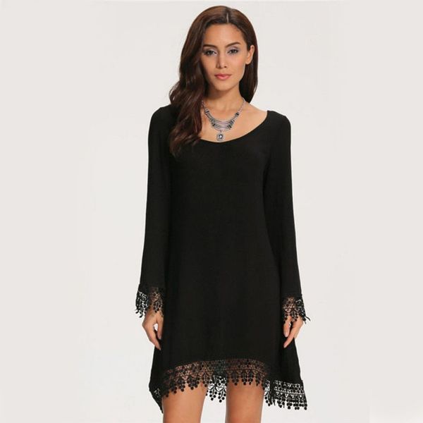 

large size women vintage gothic all-match dresses personality loose solid color tassel o-neck long sleeve dress wholesale, Black;gray
