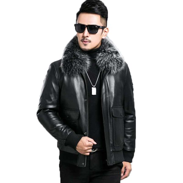 

genuine leather jacket men real fur collar warm coat winter jacket men sheepskin duck down jackets plus size 4xl 5xl my1609, Black