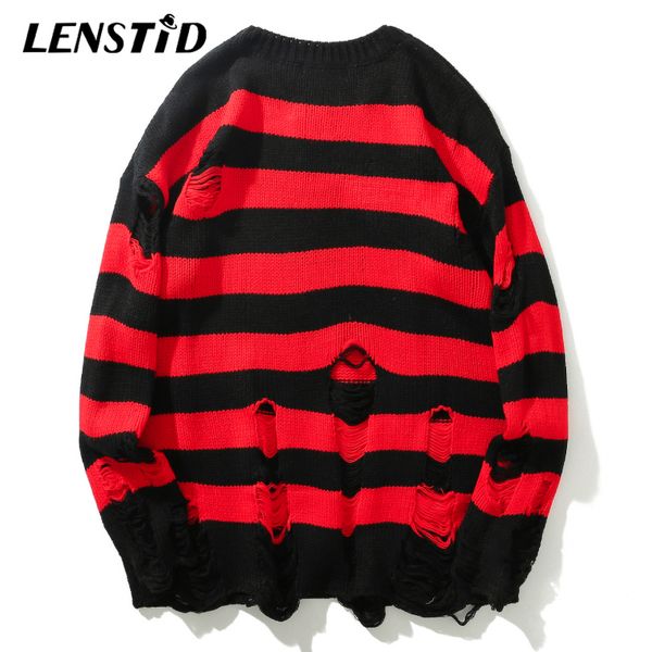 

осень mens hip hop harajuku красный черный полосатый вязаная уничтожить hole свитер streetwear мужской моды пуловеры, White;black