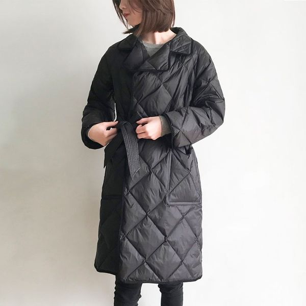 

light and thin long down jacket female 2019 new suit collar autumn and winter warm fashion white duck feather women coat hj139, Black