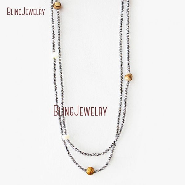 

organic elegance necklace bohemian beach jewelry tan picture stone howlite hematite beads layered necklace nm20803, Silver