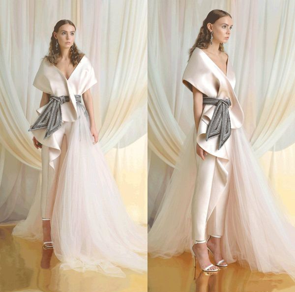 

azzi osta jumpsuits prom dresses v neck short sleeve arabic lace appliqued formal dress evening gowns robe de soiree, Black