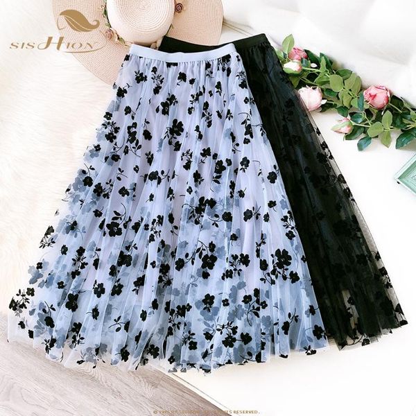 

2020 new arrival women skirt wf0140 ladies floral black white a line long tulle skirt in blue