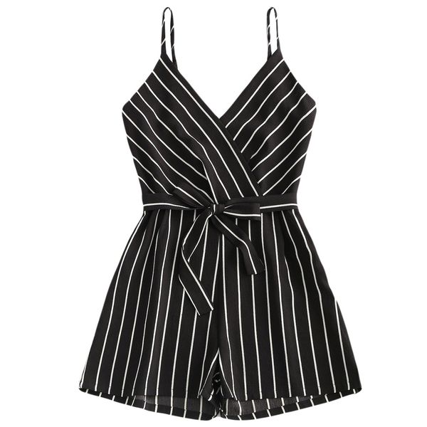 

womens v-neck sleeveless romper strappy holiday short playsuits polyester striped prinitng cami belt strapless jumpsuit 10feb 14, Black;white