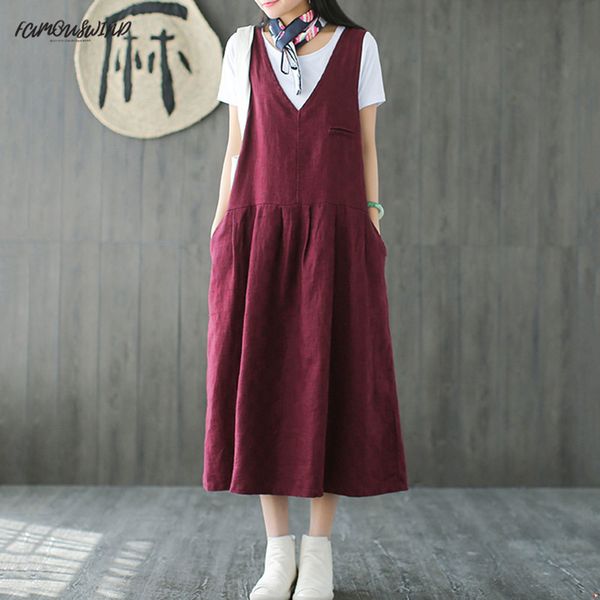 

vintage women v neck kaftan sleeveless loose cotton linen long dress casual pockets vestido oversized s-5xl twill dresses robe, Black;gray