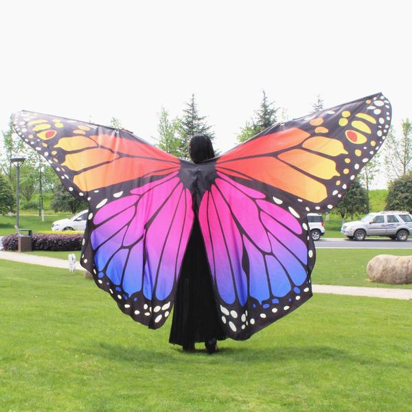 

360 degree rotating butterfly shawl decorated women butterfly print chiffon beach scarvesbelly dance wings no sticks, Black;red