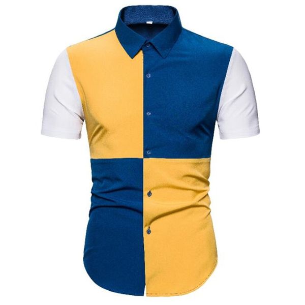

2020 high-quality men's fashion personality tailoring color splice short sleeve shirt, White;black