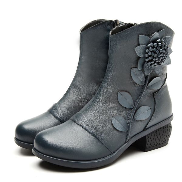 

women boots shoes woman handmade vintage genuine leather low-heeled shoe round toe high quqlity shoes winter fashion shoes women, Black