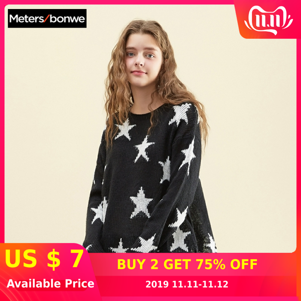 

metersbonwe 2019 chic knitted sweater women pullovers autumn winter hole basic women loose sweaters korean style, White;black