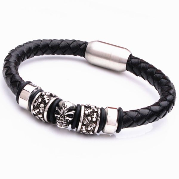 

trendy men black leather bracelet stainless steel bead bracelets with strong magnet clasp, White
