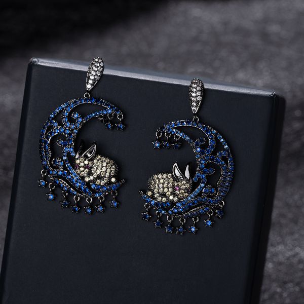 

short style tassel earrings colorful star and moon earrings cute copper micro - set zircon hollow rabbit earrings female 925 silver pin, Golden;silver