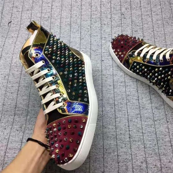 

luxury leisure flats suede leather red bottom women men spikes rhinestone red sole sneakers shoes couple flats shoe35-47, Black