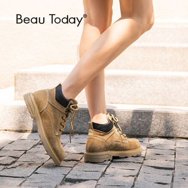 

beautoday ankle boots women genuine leather pigskin suede desert boots round toe lace up fashion lady shoes handmade 04029, Black