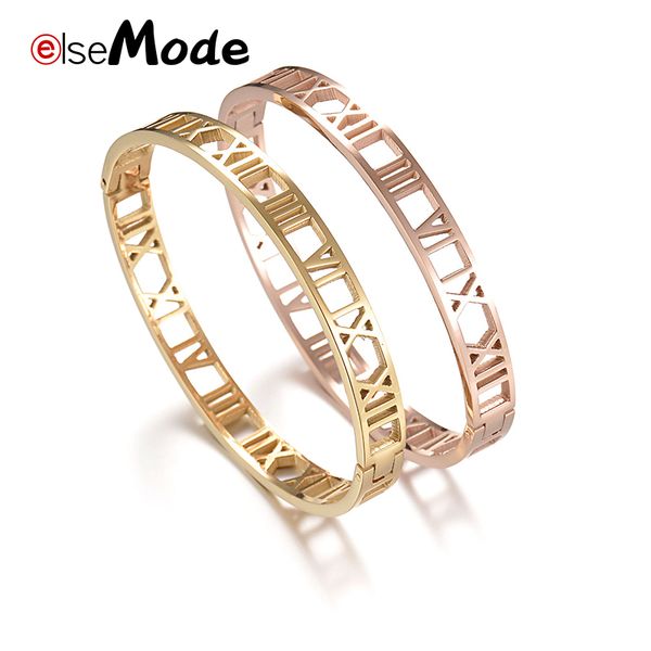 

elsemode trendy simple hollow roman numbers bangles for women girls rose gold stainless steel charm jewelry accessories, Black