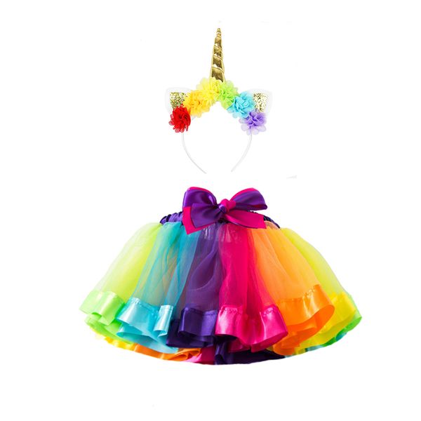 

Baby Girl Super Soft Rainbow Tutu Skirt Handmade Unicorn Flower Headband Girls Tulle Skirts with Satin Ribbon Pettiskirt Tutu