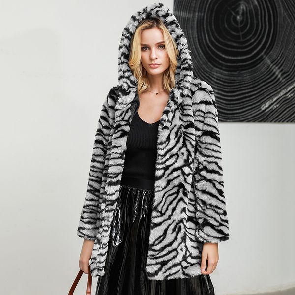

luxury faux fur coat for women coat winter warm fashion leopard artificial fur fluffy women's coats jacket casual, Black
