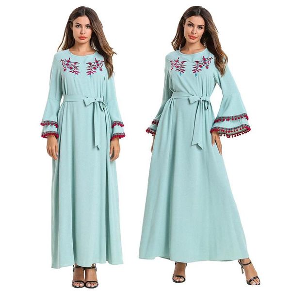 

women embroidery abaya muslim flare sleeve tassel long dress islamic robe dubai kaftan ramadan fashion gown o-neck with belt new, Red