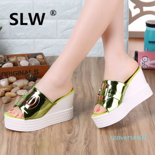 

med peep toe wedge summer fashion metal decoration rubber wedges women solid slides slipper fish creeper modis rubber woman co01, Black