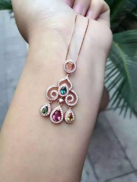 

natural multicolor tourmaline pendant s925 silver natural garnet pendant necklace trendy slender tower clouds women fine jewelry