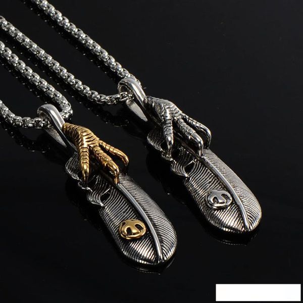 

titanium steel feather eagle claw pendant chains necklace for mens trendy japan goro's joyas male bijoux, Silver