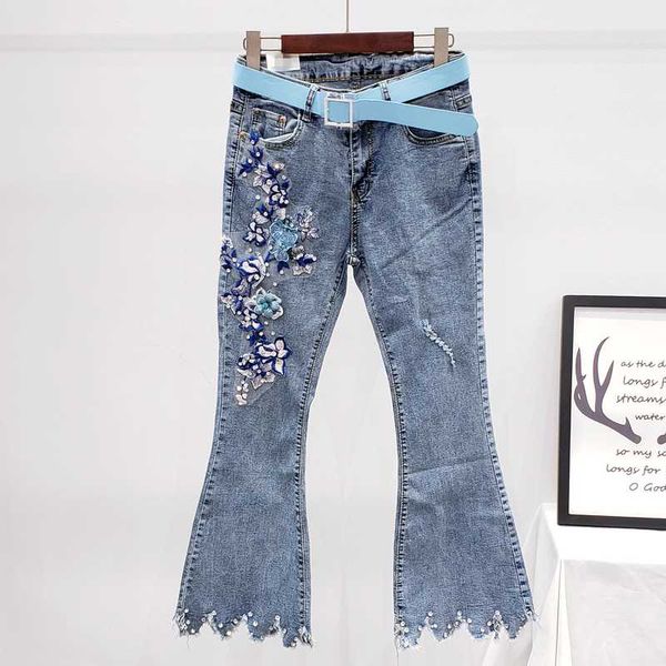 

seebeautiful new fashion 2020 spring summer high waist rhinestones embroidery patch denim pants flare jeans female w656, Blue