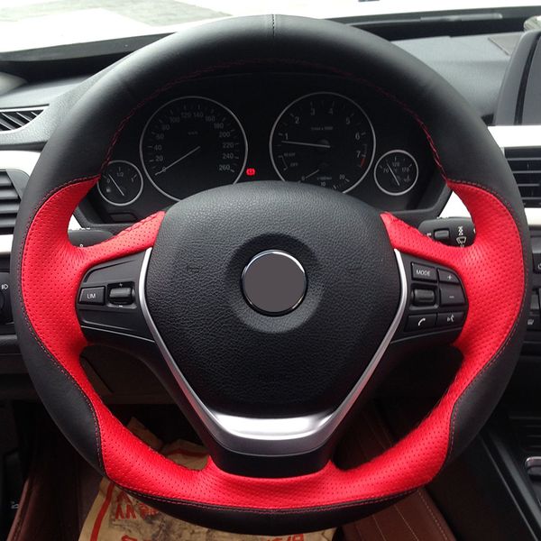 

hand sewing custom black leather red leather car steering wheel cover for bmw f30 320i