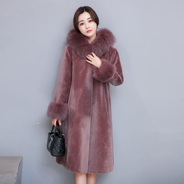 

2018 new winter cashmere fur coat female warm long jacket fur hooded, Black