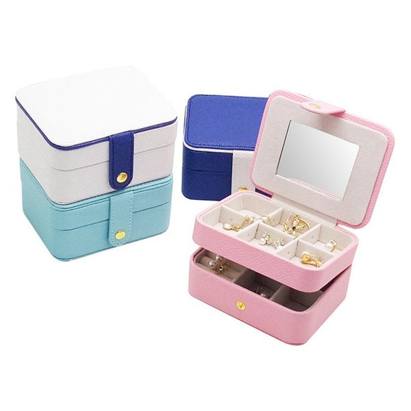 

simple jewelry display organizer portable jewelry case boxes double layer leather earrings rings storage de joyas, Pink;blue