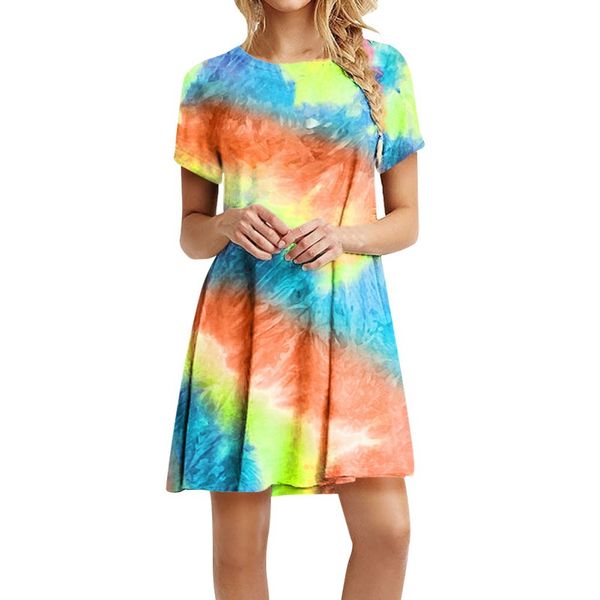 

2020 women summer dress rainbow printed o-neck short sleeve casual mini dress loose beach holiday party dresses sundress hot, Black;gray