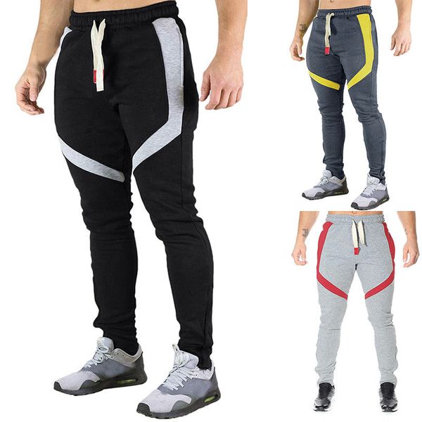 

mens contrast color pants patchwork breathable sport mens trousers males fashion skinny pants, Black