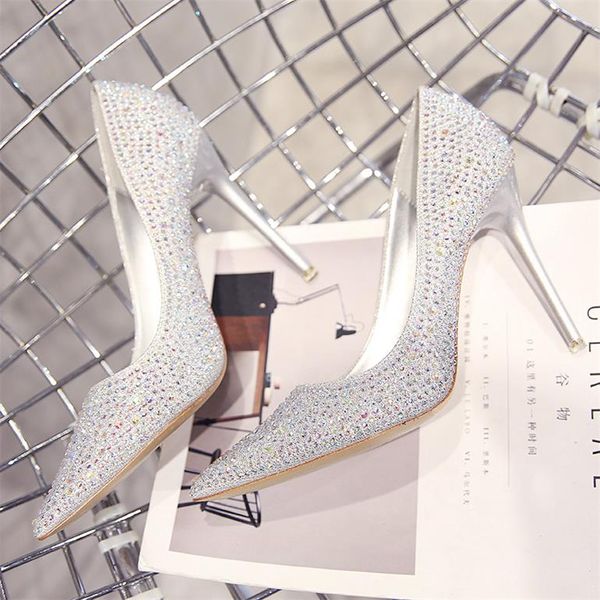 Роскошные женские дизайнерские туфли золотого, серебряного цвета с кристаллами, модные блестящие свадебные туфли на высоком каблуке с острым носком для свадьбы, настоящая фотография, дамы 2942