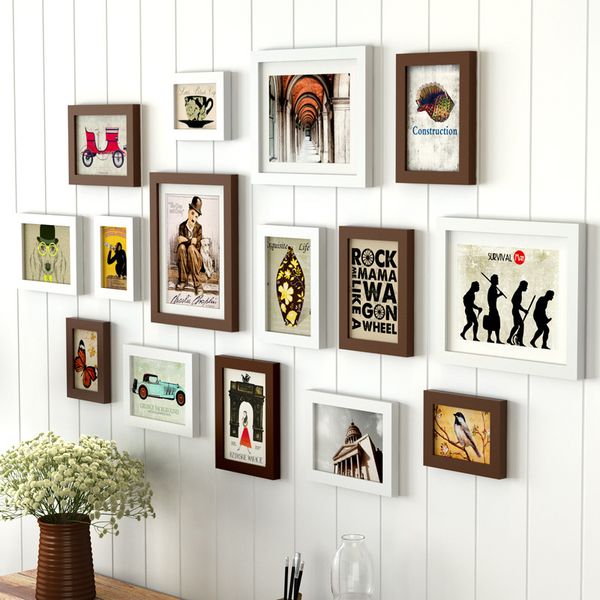 

15pcs home decor chocolate white wall picture frame set wooden p frames for living room family picture diy p frames