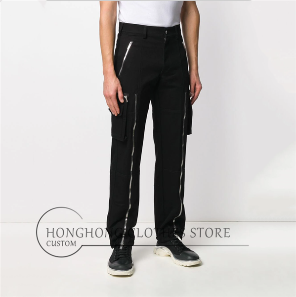 

27-44 ] spring and autumn tide men's fashion casual pants zipper decorative straight pants baggy overalls, Black