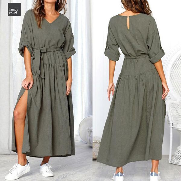 

dress women long sleeve v neck split solid fashion dresses ladies v neck loose maxi dress women casual designer clothes, Black;gray