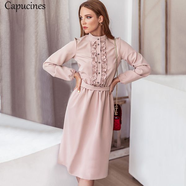 

capucines apricot pink vintage stand collar ruffle trim dress women solid sashes long sleeve slim a line elegan autumn dresses, Black;gray
