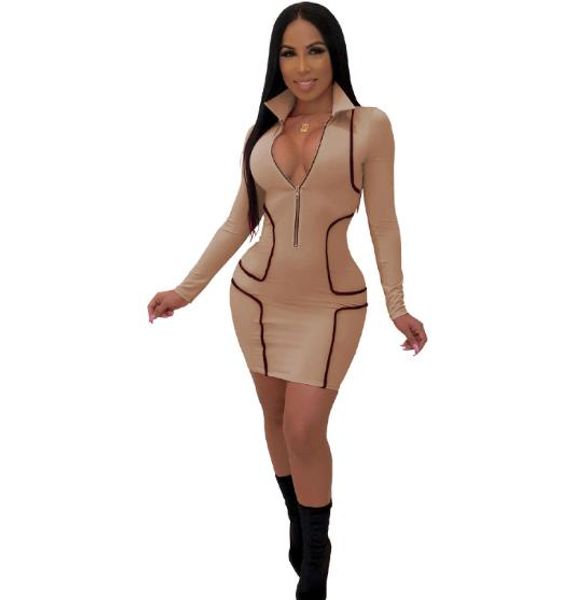 

women designer dress deep v bodycon dresses front zipper designer pencil slim fit skinny dress, Black;gray