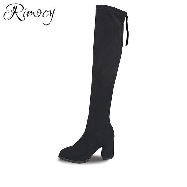 

rimocy 2018 winter women over the knee boots fashion round toe zipper square high heel solid black elegant women warmful boots
