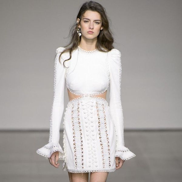 

runway lace mini dress spring women vintage embroidered hollow out flare sleeved holiday bodycon party dress, Black;gray