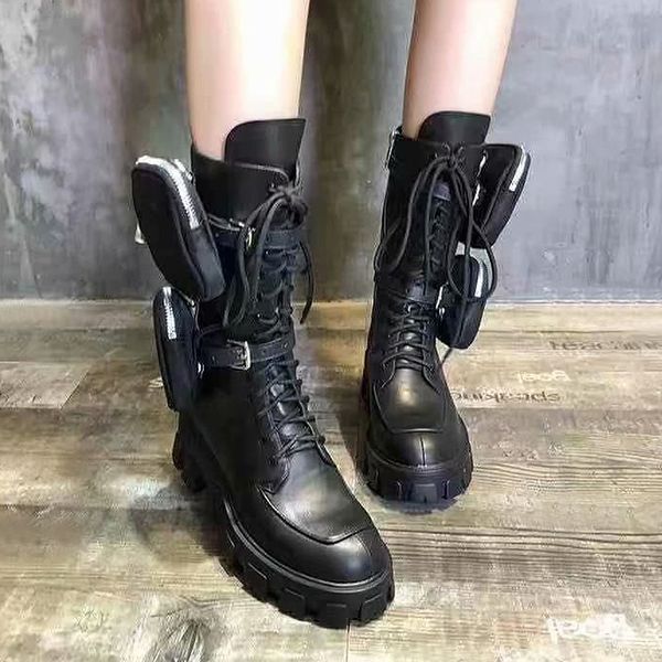 

2020 autumn and winter new thick bottom luxurys motorcycle boots female handsome martin boots thick heel strap mid boots military boot, Black