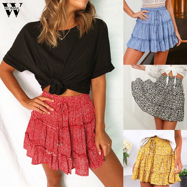 

womail skirt women summer 2019 new fashion bohe high waist ruffled floral print beach short skirt new 2019 m27, Black