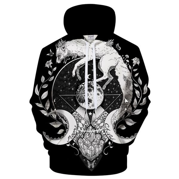 

even hoodie wolf of flower type printing bring hat lovers sweater, Black