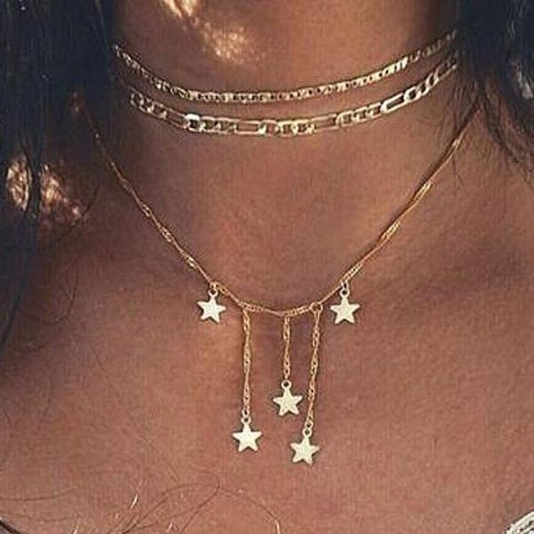 

dainty gold chain tiny tassel star choker necklace for women bijoux layered necklaces pendants simple boho layering chokers, Golden;silver