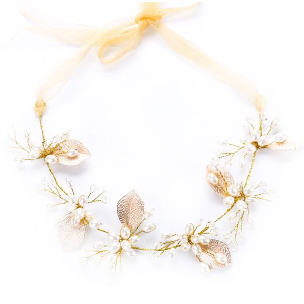 

new bride handmade pearl tiara gold pearl leaf wedding dress accessories hair band, Golden;white