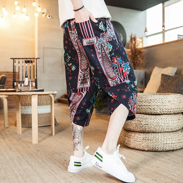 

chinese style casual men pants cotton linen harem pants men streetwear printing calf-length joggers, Black