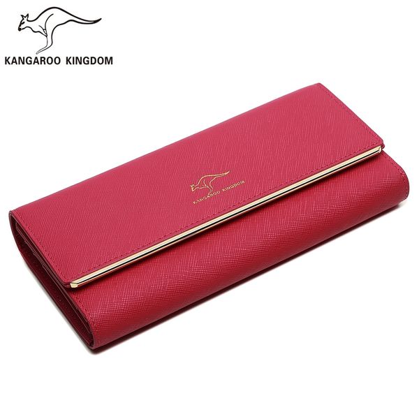 

kangaroo kingdom fashion split leather women wallets long hasp trifold purse brand lady clutch card holder wallet, Red;black