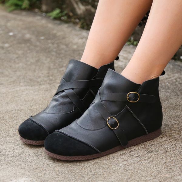 

winter original handmade full grain leather soft sole casual ankle boots women round toe flat heel fur boots 41 yards, Black